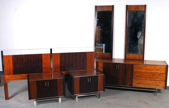 Appraisal: Rosewood-grained chrome-mounted bedroom furniture consiting of headboard triple dresser with