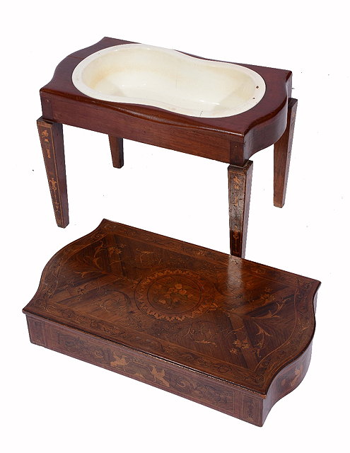 Appraisal: A CONTINENTAL MARQUETRY INLAID BIDET the removable cover with ceramic