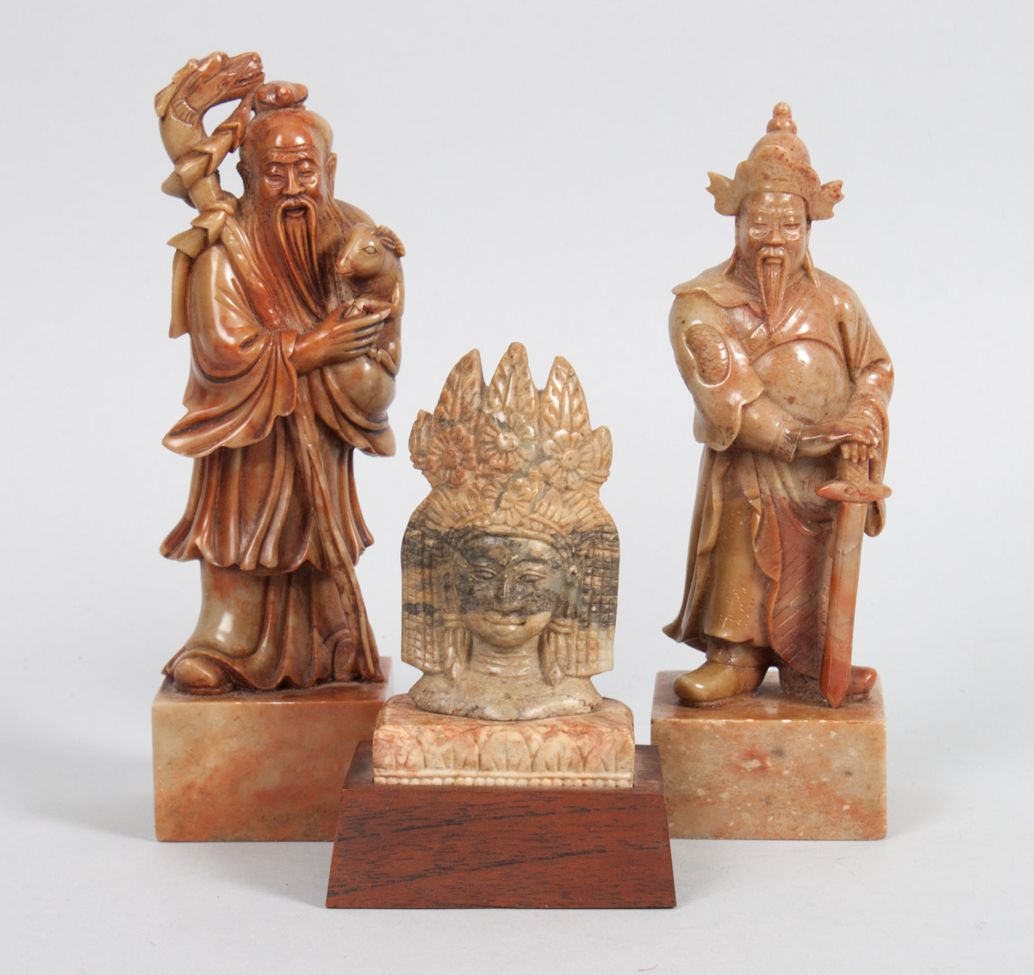 Appraisal: Three Chinese carved hardstone figures warrior holding sword and elder