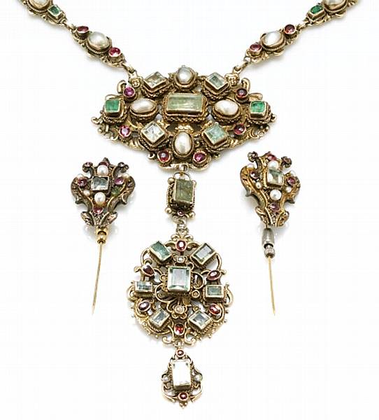 Appraisal: An Austro-Hungarian emerald cultured pearl gem-set k gold and silver