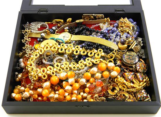 Appraisal: Costume Jewelry in black box pieces some signed including watches