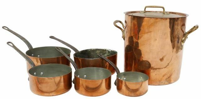 Appraisal: lot of French copper pans including graduated saucepans with iron