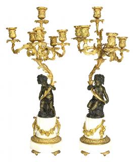 Appraisal: Pair of Louis XV style gilt bronze and marble candelabra