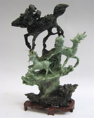 Appraisal: CHINESE HARDSTONE JADE SCULPTURE in variegated greens depicting mythological creatures