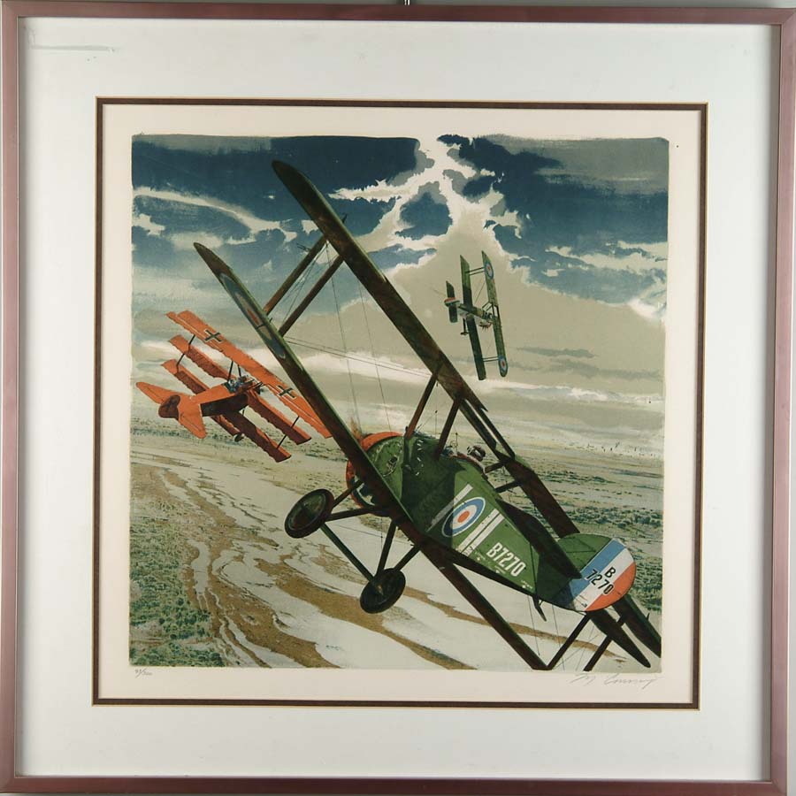 Appraisal: FRAMED PRINT OF A WWI DOGFIGHT Involving two British bi-planes