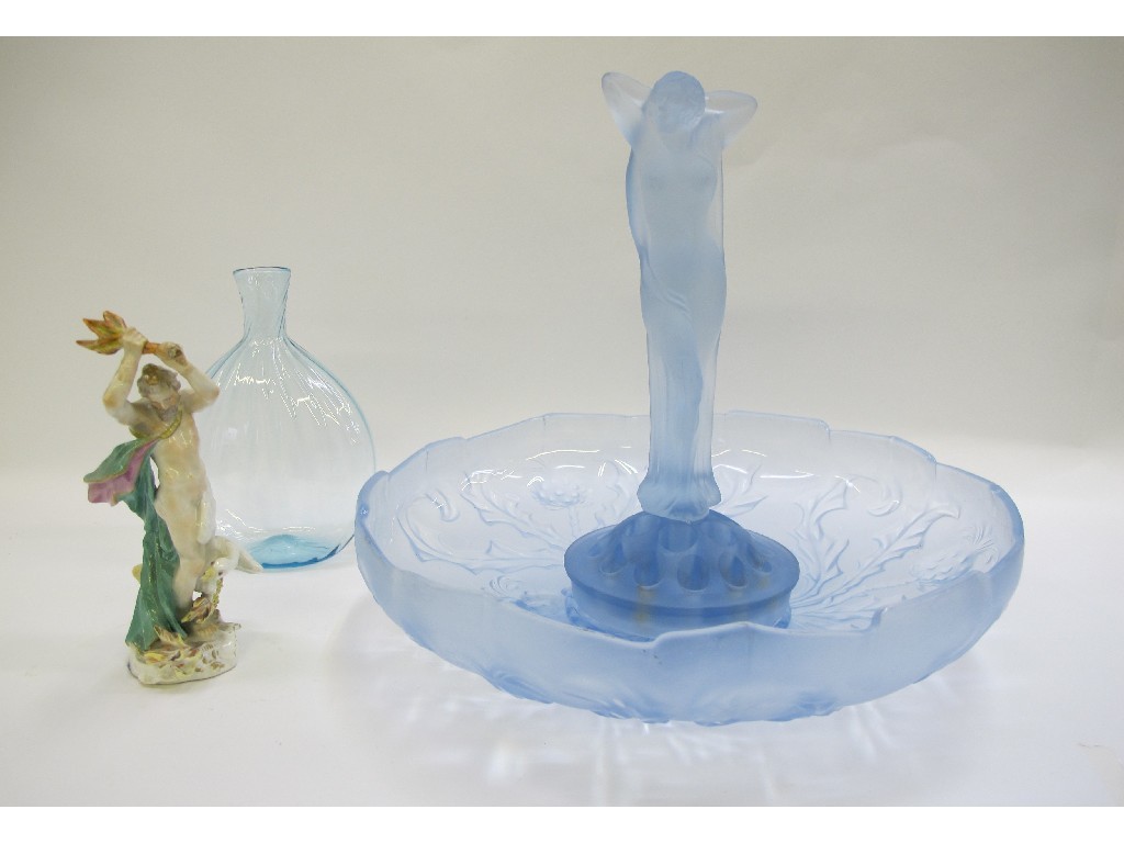 Appraisal: Pressed pale blue glass figural centrepiece and dish blown glass