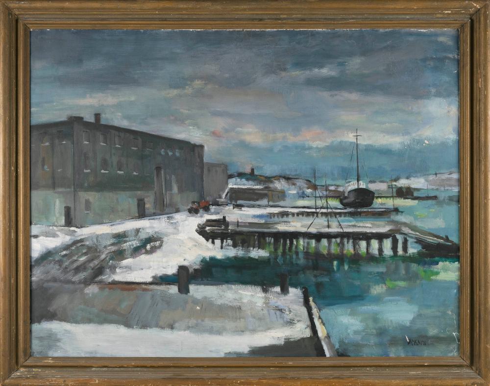 Appraisal: BRUCE MCKAIN MASSACHUSETTS INDIANA - WINTER SCENE OF A BOAT