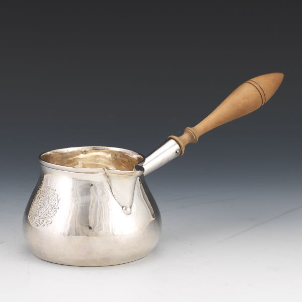 Appraisal: GEORGE I STERLING SILVER AND PEARWOOD HANDLE ARMORIAL BRANDY WARMER