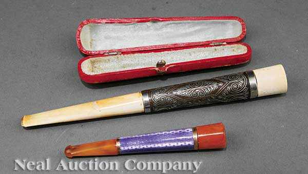 Appraisal: A Russian Niello Cigar Holder and Enamel Cigarette Holder th