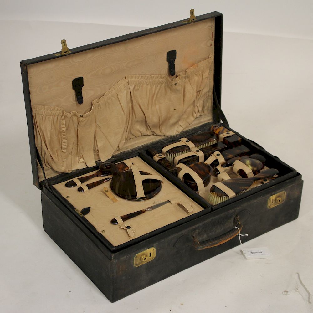 Appraisal: Edwardian Leather Bound Suitcase Dressing Kit Mens faux tortise shell