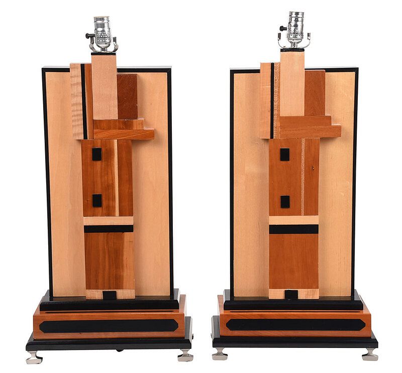 Appraisal: Pair Art Deco Style Wood and Metal Table Lamps American