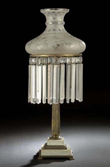 Appraisal: American Prism-Hung Brass and Marble Sinumbra-Style Lamp ca the cut