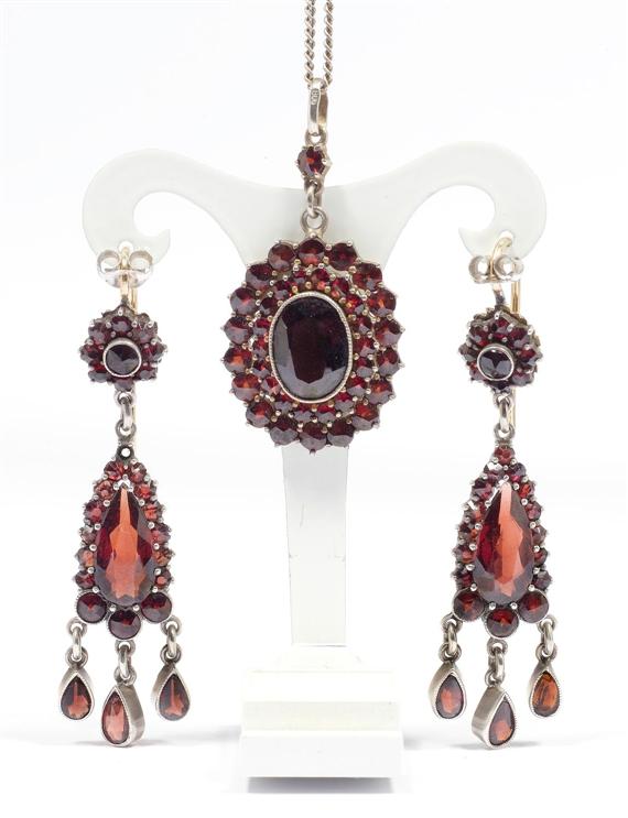 Appraisal: GARNET EAR PENDANTS AND PENDANT with chain ca Silver partially