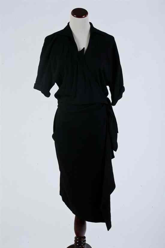 Appraisal: THIERRY MUGLER BLACK WOOL WRAP DRESS Size Short sleeves with