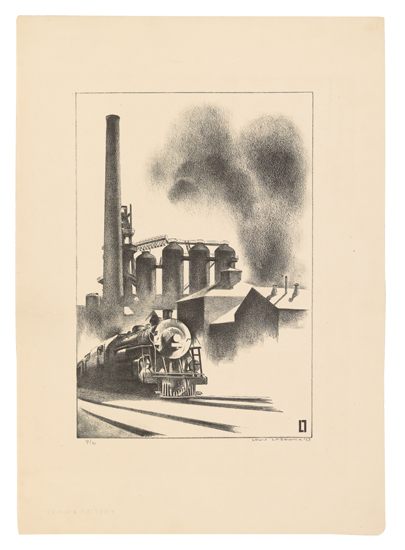 Appraisal: LOUIS LOZOWICK Train and Factory Lithograph x mm x inches