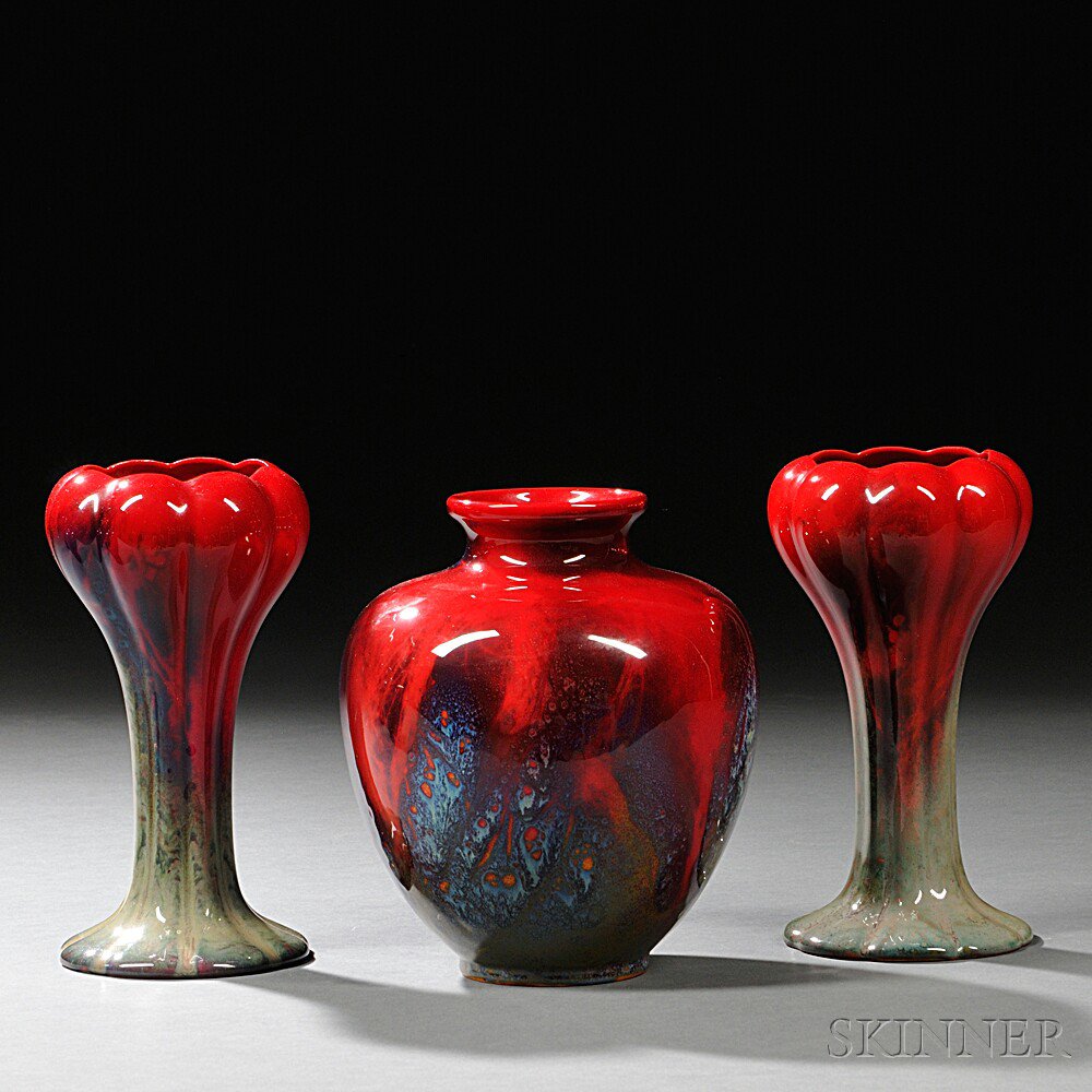 Appraisal: Three Doulton Flambe Sung Ware Vases England c s each