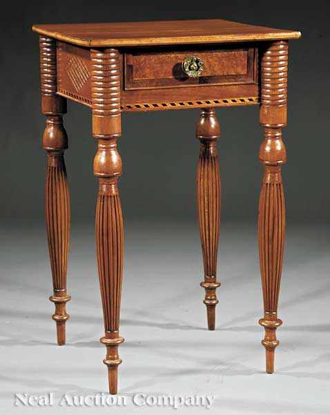 Appraisal: An American Carved Mahogany Inlaid Work Table single drawer turned