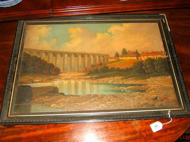 Appraisal: G Salin aquaduct and lake scene oil on canvas x