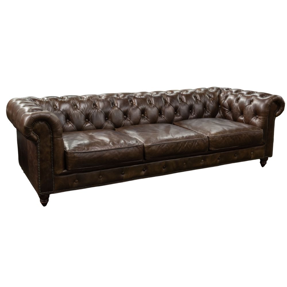 Appraisal: LEATHER CHESTERFIELD SOFABrown button-tufted -cushioned having nail head trim resting