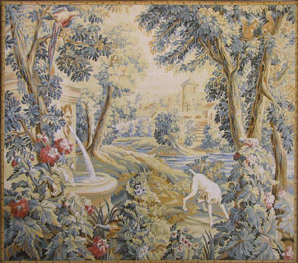 Appraisal: A verdure style garden tapestry th century Depicting garden landscape