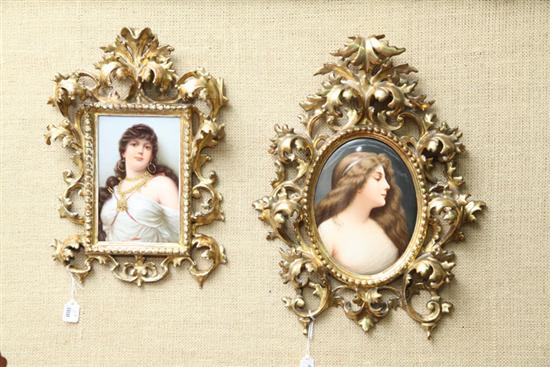 Appraisal: TWO GERMAN PORTRAIT PLAQUES Classical looking women painted on porcelain