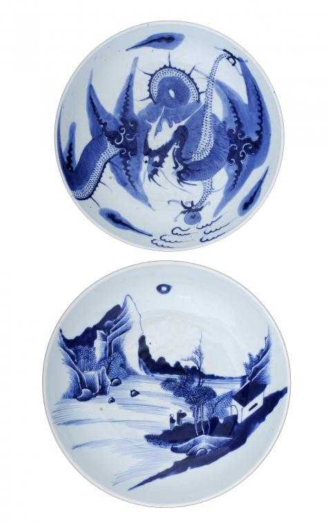 Appraisal: TWO CHINESE PORCELAIN SAUCER-DISHES painted in underglaze blue the first