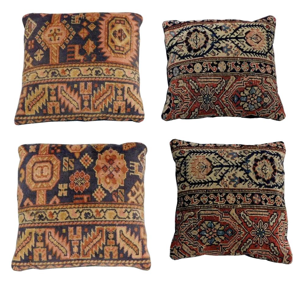 Appraisal: TEXTILES Four rug fragment pillows with assorted designs deep navy