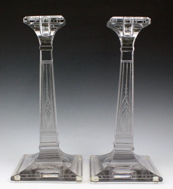 Appraisal: TALL ETCHED HEISEY GLASS CANDLE HOLDERS Signed '' tall