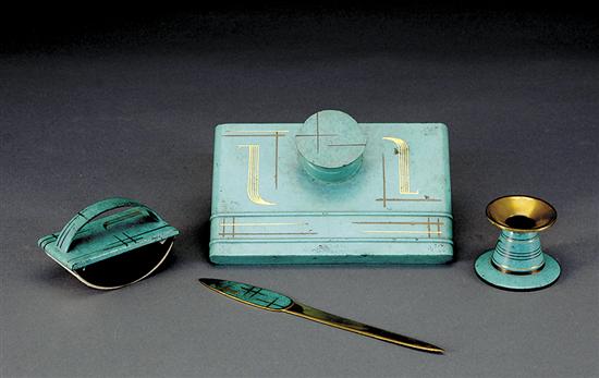 Appraisal: WMF Ikora copper desk set circa - decorated with verdigris