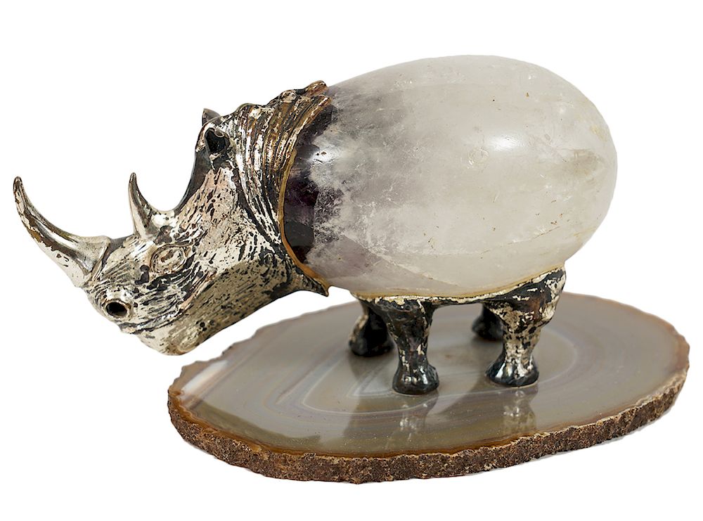 Appraisal: Sterling Rock Crystal Agate Rhino Figurine Sterling rhinoceros figure with