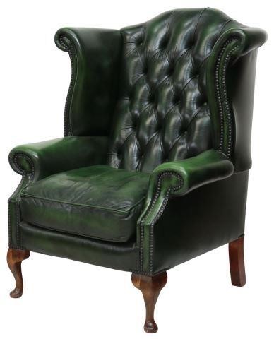 Appraisal: English Queen Anne style wingback armchair th c button-tufted green