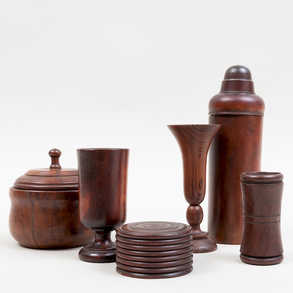 Appraisal: Group of Six Carved Treen Articles Comprising A cylindrical box