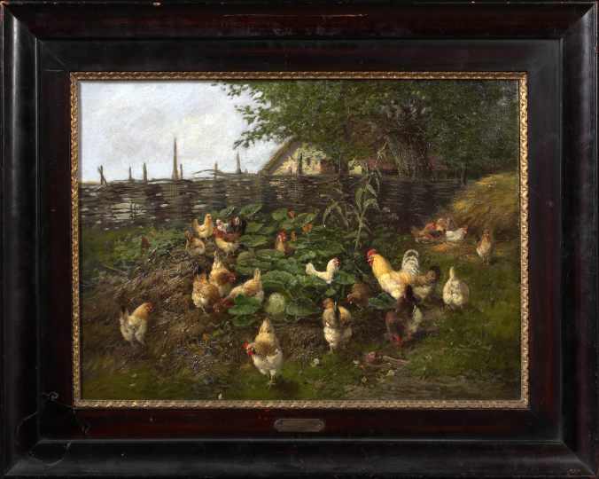 Appraisal: Geza Vestagh Hungarian - Farm Scene with Chickens oil on