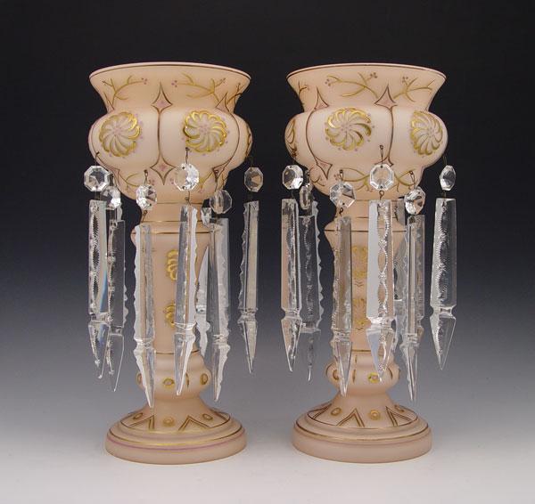 Appraisal: PAIR GILT LUSTERS Pink satin glass decorated in gold ''