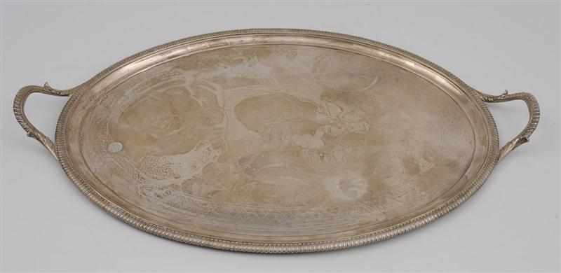 Appraisal: PAIR OF GEORGE III CRESTED MONOGRAMMED SILVER TWO-HANDLED TRAYS Thomas