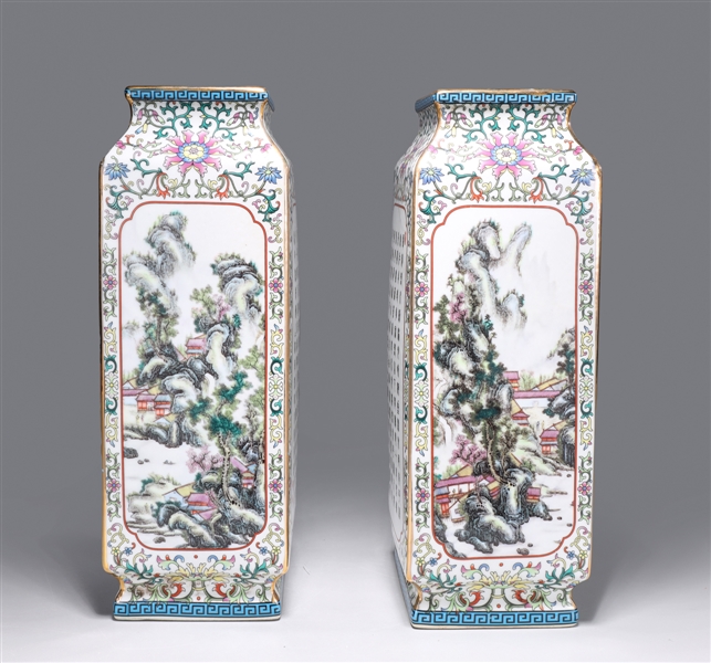 Appraisal: Pair of Chinese Famille Rose porcelain square form vases with