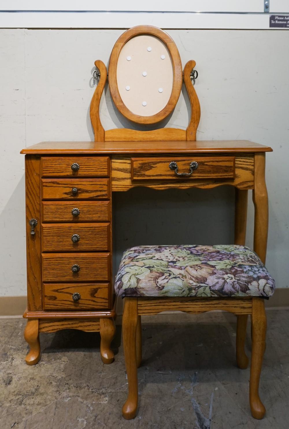 Appraisal: Oak Vanity Bench and Mirror