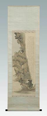 Appraisal: Chinese hanging scroll ink and color on silk mountainside waterfall