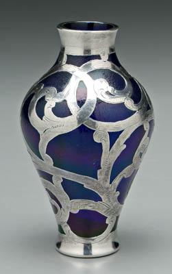 Appraisal: Silver overlay art glass vase cobalt vase with textured finish