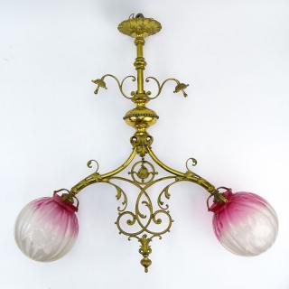 Appraisal: Antique Decorative Brass Light Fixture With Glass Globe Shades Antique