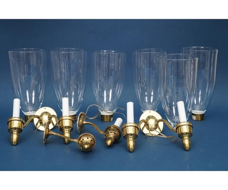 Appraisal: Six brass wall sconces with hurricane shades possibly by Ball