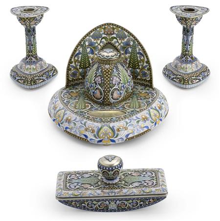 Appraisal: A Russian silver-gilt and shaded cloisonn enamel desk set Pavel