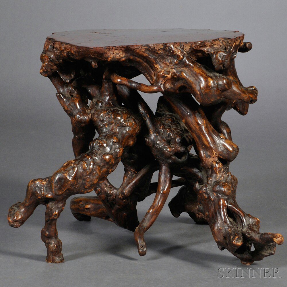 Appraisal: Gnarled Root Stand China with burled top ht approximate dia