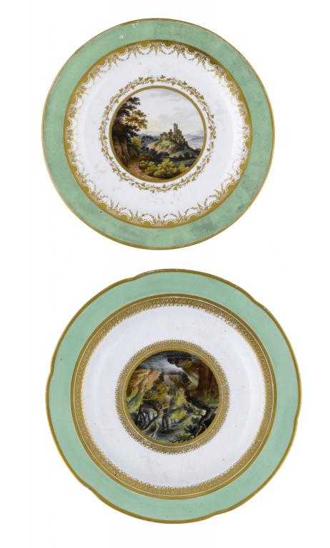 Appraisal: TWO DERBY GREEN GROUND PLATES painted with a central landscape