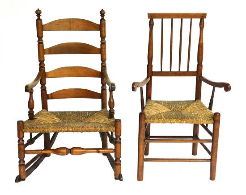 Appraisal: Two th th C armchairs with rush seats including rocker