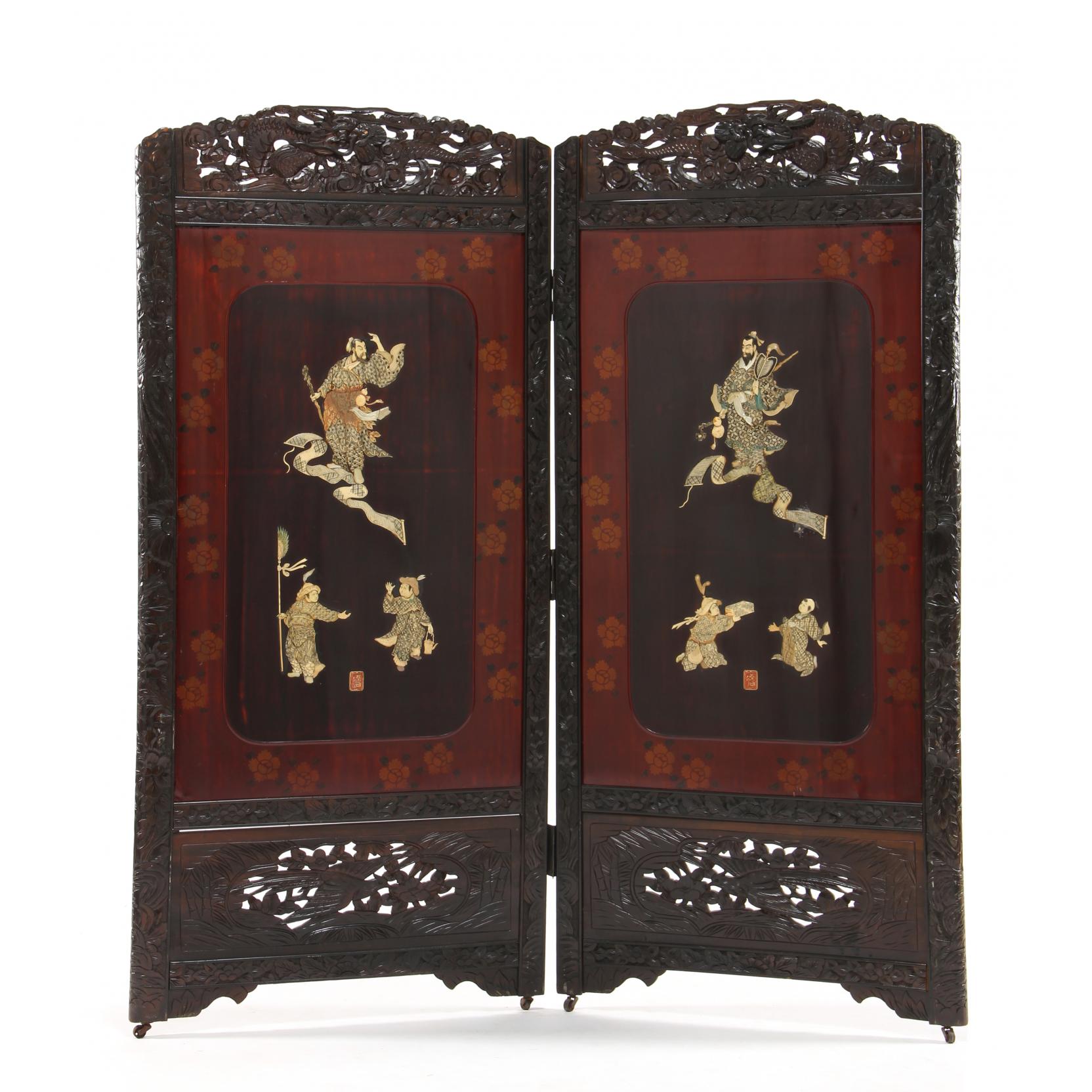 Appraisal: Japanese Carved Double Panel Floor Screen mid th century hinged