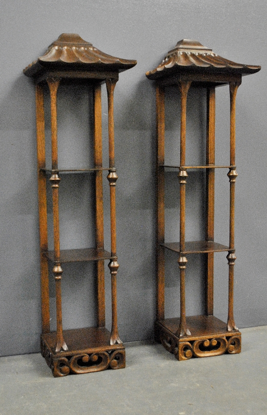 Appraisal: - Pair of Chinese style mahogany wall hanging curio shelves