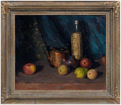 Appraisal: Arthur Marschner painting still life with wine bottle kettle pears