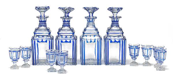 Appraisal: Four French cobalt blue cut to clear glass liqueur decanters