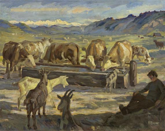 Appraisal: ELMIGER FRANZ Ermensee - Lucerne Cattle watering Oil on canvas